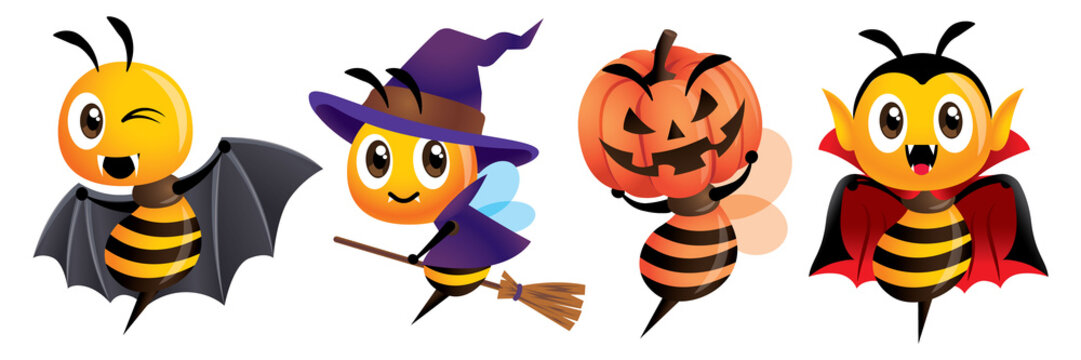 Happy Halloween. Cartoon cute bee halloween costumes mascot set. Cartoon cute bee in bat, witch, pumpkin and Dracula costumes - Bee halloween vector character