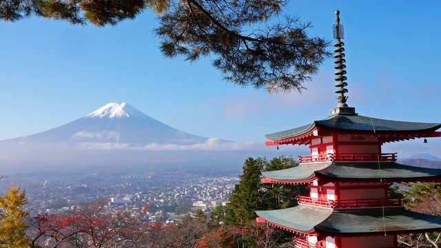 Colorful Autumn with Mountain Fuji and Chureito Pagoda in Japan around Lake Kawaguchiko