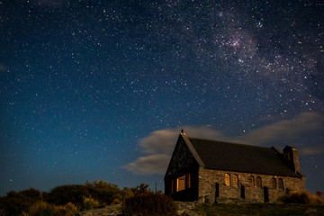 View of church and stars at night, Tekapo