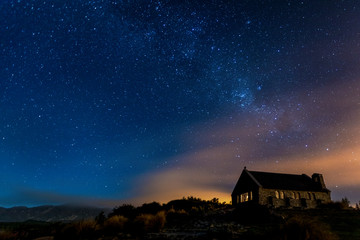View of famous church in Tekapo at night, New Zealand
