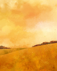 草原：丘　大地　夕焼け　景色　秋　空　自然　背景　水彩　手描き