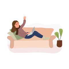 Sick young woman holding laptop, lying on sofa at home and surfing internet and talking with friends with Video call. Cute girl is relaxing at home. Vector cartoon flat illustration