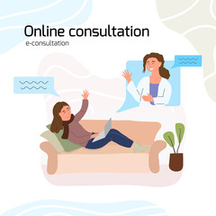 Sick young woman holding laptop, lying on sofa at home and taking online consultation with GP virtual doctor. Video call, Dialog chat box. Online medicine concept