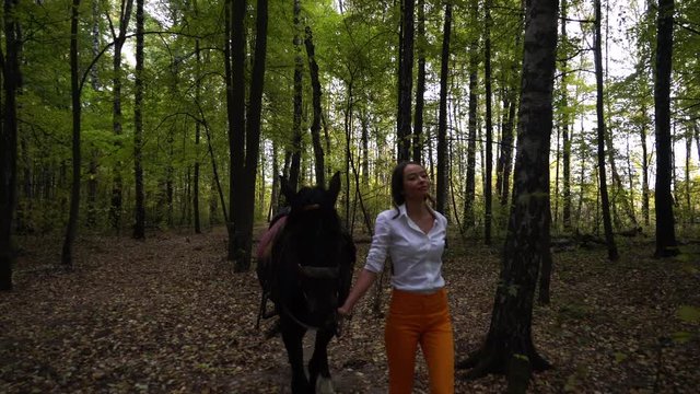 Girl in a white shirt riding a horse in the forest. Autumn weather and nature around.