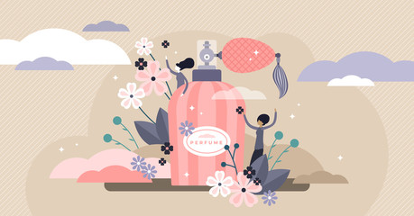 Fototapeta na wymiar Perfume vector illustration. Flat tiny aroma spray product persons concept.