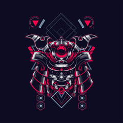 samurai head illustration with sacred geometry pattern