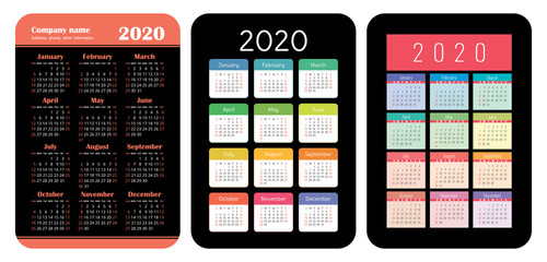 2020 year. Pocket calendar set. Basic grid template for print. Vector design collection. Color English calender. Week starts on Sunday
