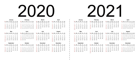 Simple editable vector calendars for year 2020 2021. Week starts from Sunday. Isolated vector illustration on white background.