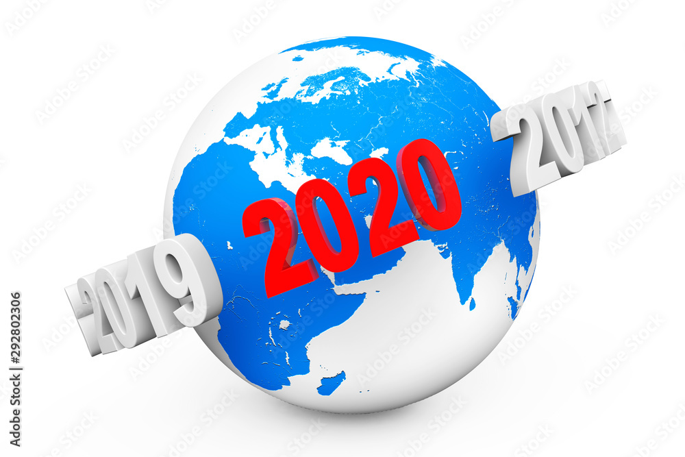 Poster New Year Concept. 3d number 2020 around Earth Globe. 3d Rendering