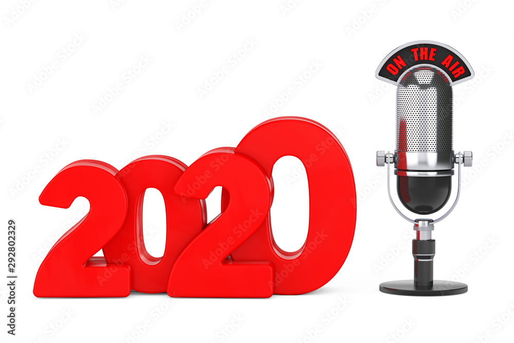 Aufkleber 2020 New Year Concept. Red 2020 New Year Sign with Microphone and On The Air Sign. 3d Rendering