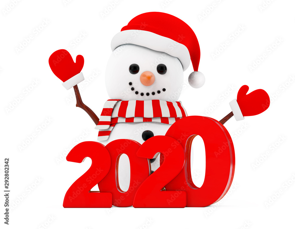 Poster new year concept. snowman with christmas new 2020 year sign. 3d rendering