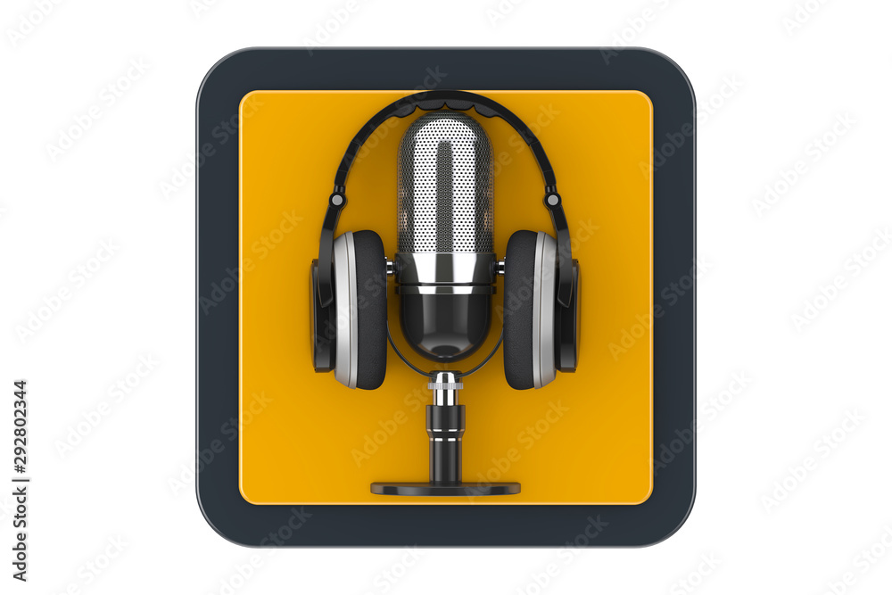 Aufkleber black modern headphones with retro microphone as touchpoint web icon button. 3d rendering