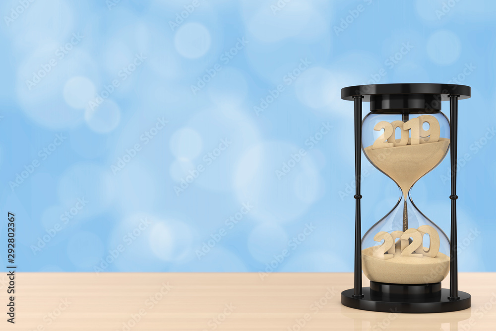 Aufkleber New 2020 Year Concept. Sand Falling in Hourglass Taking the Shape from 2019 to 2020 year. 3d Rendering