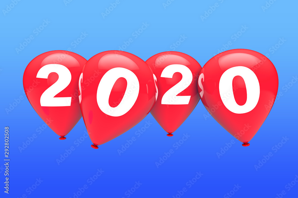 Poster new year concept. red christmas balloons with 2020 sign. 3d rendering