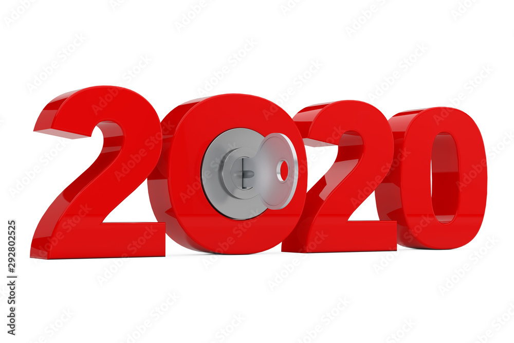 Poster new 2020 year sign with key. 3d rendering