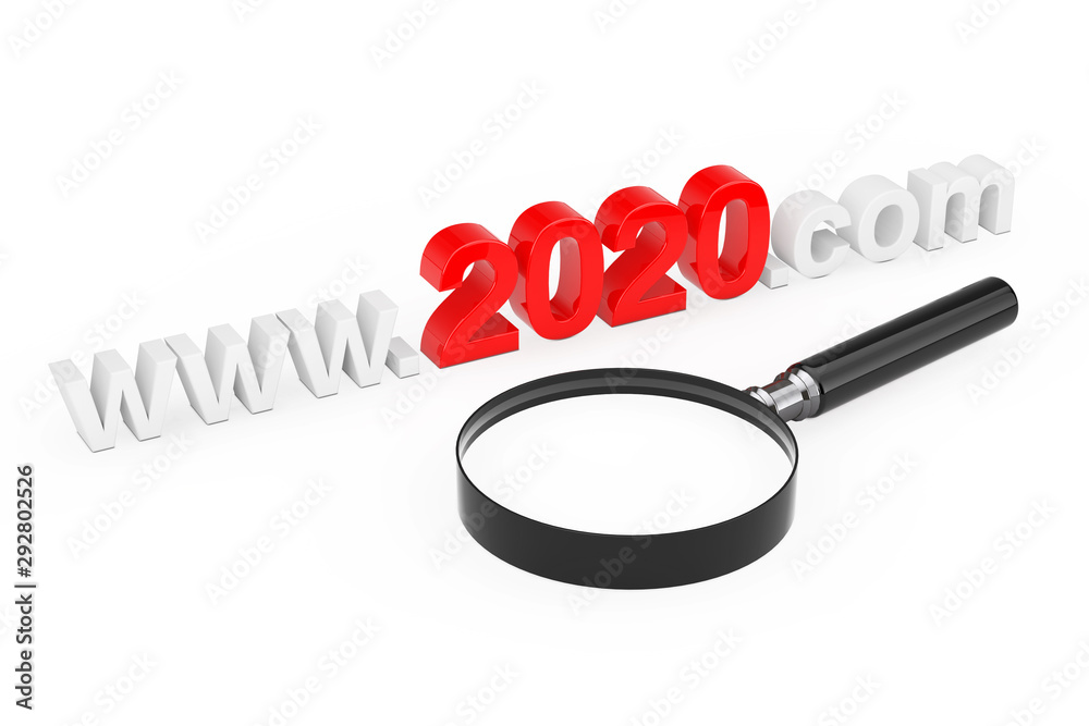 Poster 2020 New Year Concept. WWW 2020 Com Site Name with Magnifying Glass. 3d Rendering
