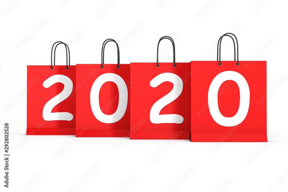 Poster shopping bags with 2020 new year sign. 3d rendering