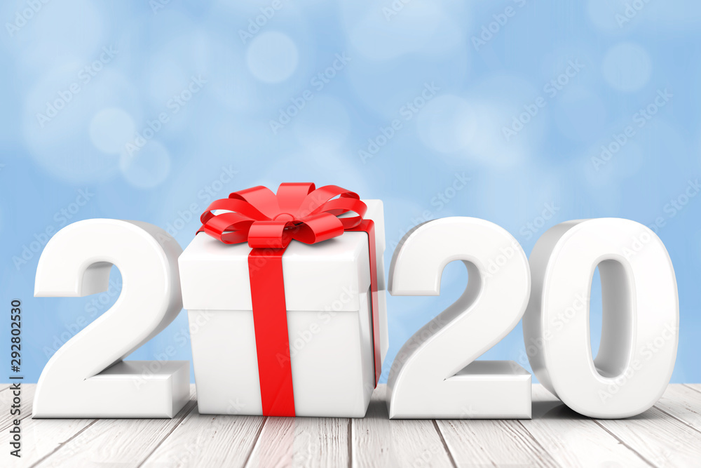 Poster 2020 New Year Sign with Gift Box and Red Ribbon. 3d Rendering