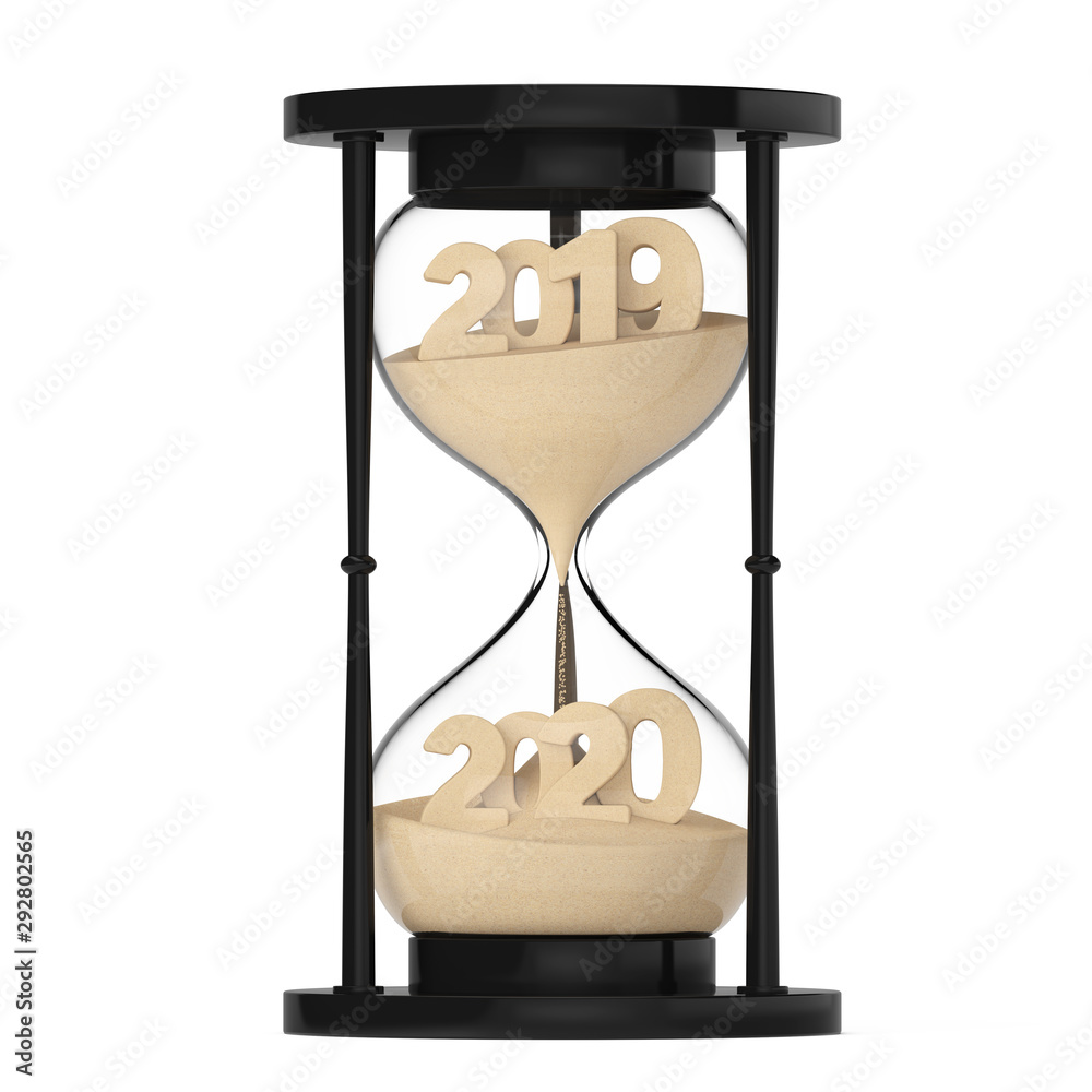 Poster new 2020 year concept. sand falling in hourglass taking the shape from 2019 to 2020. 3d rendering