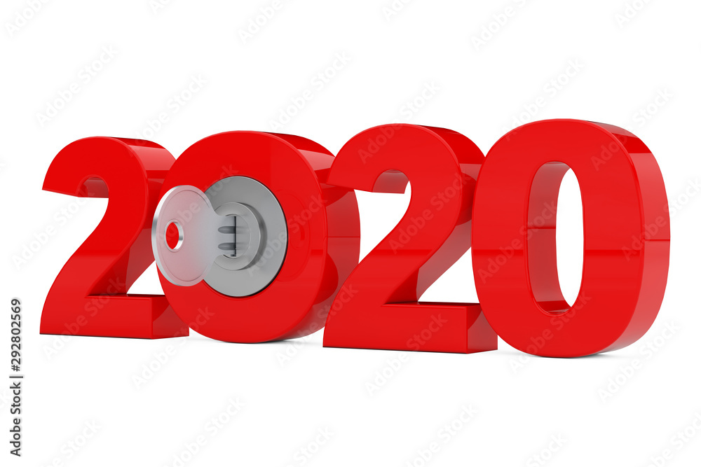 Poster new 2020 year sign with key. 3d rendering
