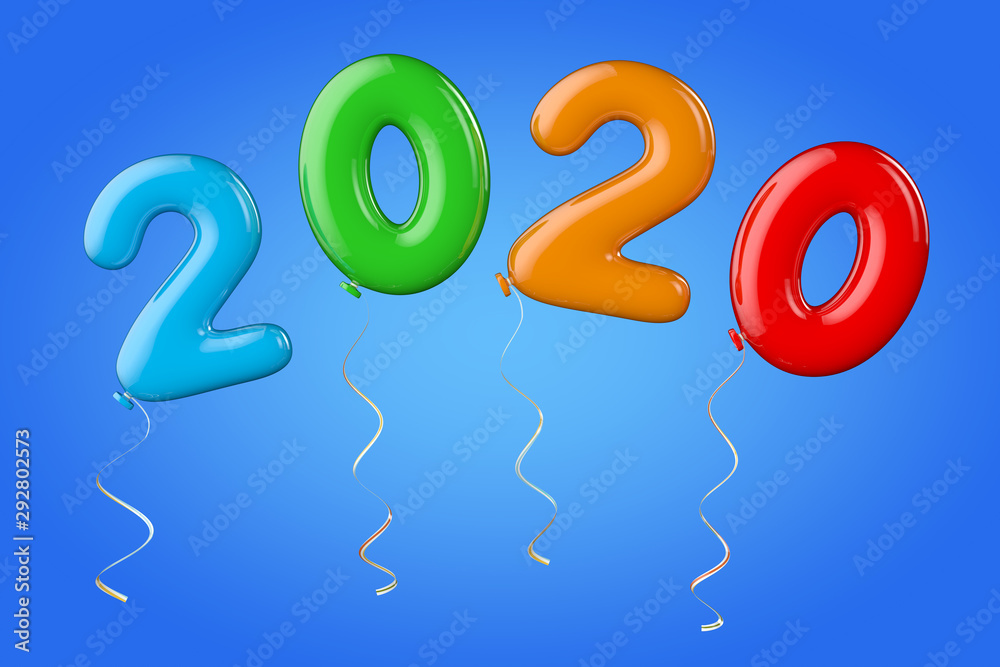 Aufkleber multicolour balloons as 2020 new year sign. 3d rendering