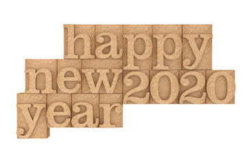 Vintage wood type Printing Blocks with Happy New 2020 Year Slogan. 3d Rendering