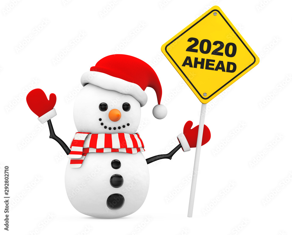 Poster snowman with 2020 new year ahead sign. 3d rendering