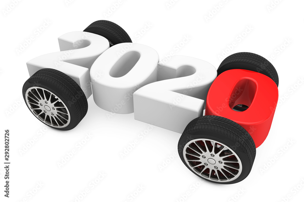 Poster 2020 year concept with car wheels. 3d rendering