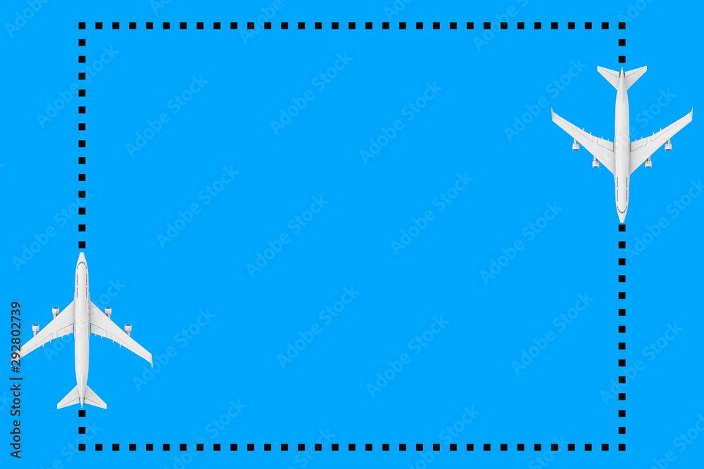 Poster Top View of White Jet Passenger's Airplane as Dots Frame  with Blank Space for Your Design. 3d Rendering