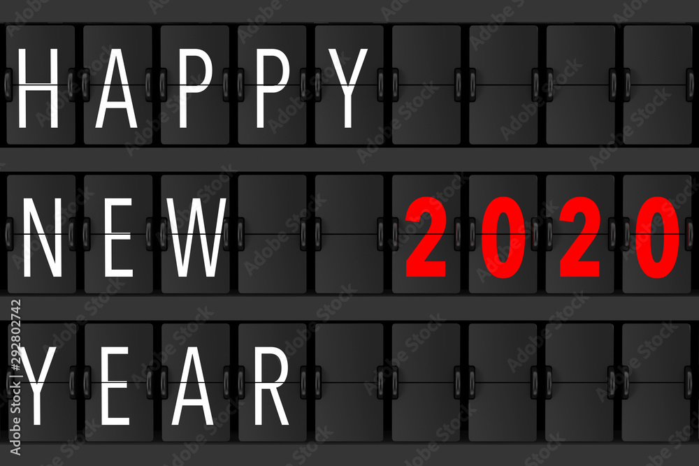 Aufkleber airport announcement flip mechanical timetable with hapy new 2020 year sign. 3d rendering