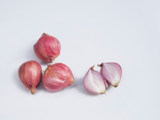 Top view a group of Onions Vegetable (Allium sativum) known as the bulb onion or common onion isolated on white background.