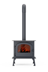 Classic Оpen Home Fireplace Stove with Chimney Pipe and Firewood Burning in Red Hot Flame. 3d Rendering