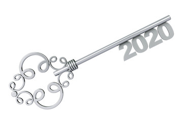 Silver Vintage Key with 2020 year Sign. 3d Rendering