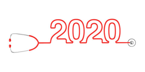 Red Stethoscope Tubing Forming New 2020 Year Sign. 3d Rendering