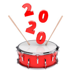 Red Snare Drum with Pair of Drum Sticks and 2020 New Year Sign. 3d Rendering