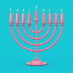 Retro Pink Hanukkah Menorah with Burning Candles Duotone. 3d Rendering