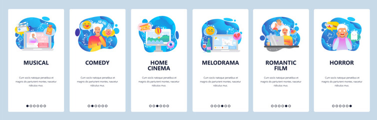 Movie website and mobile app onboarding screens vector template