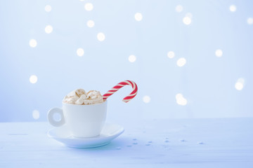 hot chocolate with marshmallow on white background