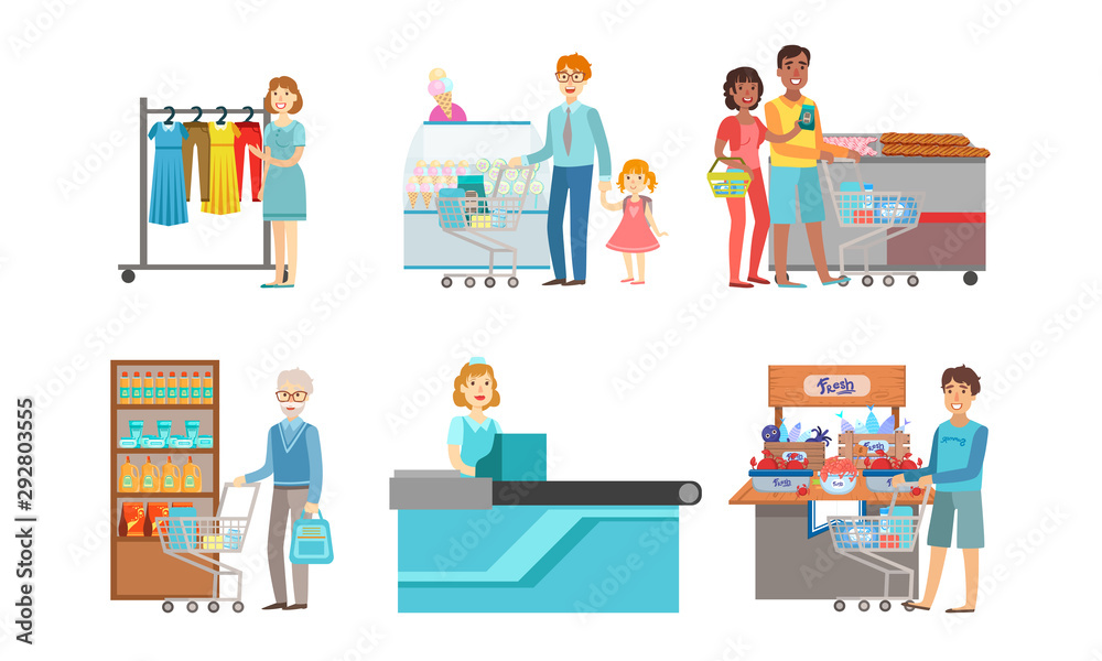 Canvas Prints people shopping at the supermarket set, men and women buying clothes and groceries, shopping mall ce