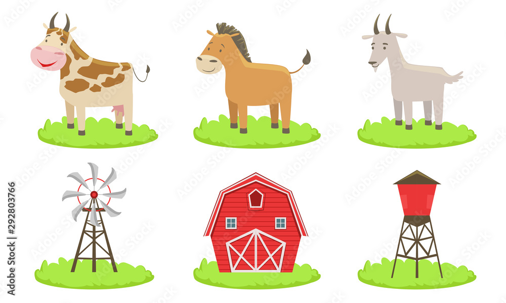 Poster Collection of Farm Animals Such as Cow, Horse, Goat, Barn and Wind Turbine Vector Illustration