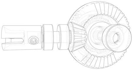 Automobile car gearbox with toothed wheels. Inside view on gearbox cross section with gears and shafts. Vector of 3d. Wire-frame style.