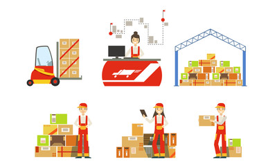 Warehouse, Logistics and Distribution, Warehouse Building, Forklift, Shelves with Goods, Professional Workers Vector Illustration