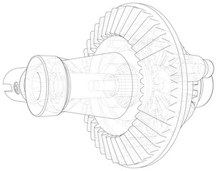 Outline gearbox. Vector rendering of 3d. Wire-frame style. The layers of visible and invisible lines are separated.