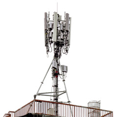 communication tower with antennas on the top of building isolate on white background