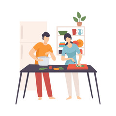 Man and woman cook in the kitchen. Vector illustration.