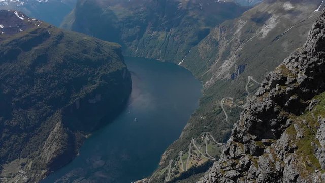 Aerial view of the Geiranger fjord in Norway with a tilt