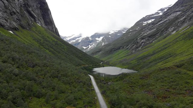 Aerial view of a valley called Norangsdalen, rising and forward motion