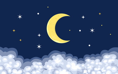 Naklejka na ściany i meble Moon, stars and clouds in the night sky. Vector illustration of midnight in cartoon flat style.