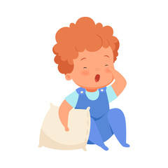 Boy with the pillow wants to sleep. Vector illustration on a white background.