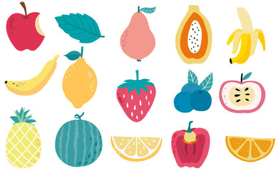 Cute fresh fruit object collection with papaya, melon,strawberry,pineapple,banana,apple. illustration for icon,logo,sticker,printable